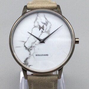 MVMT Crescent Marble Watch Women Silver Tone Tan Leather Band New Battery